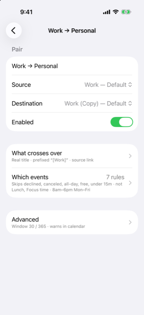 One mirror's settings on iPhone: source and destination calendars, an Enabled switch, and collapsed rows summarising what crosses over and which events are copied.
