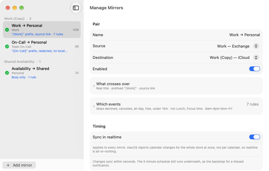 The Calendar Mirror management window on Mac. A sidebar lists three mirrors grouped by the calendar they copy into; the pane on the right shows one mirror's source, destination and collapsed settings.